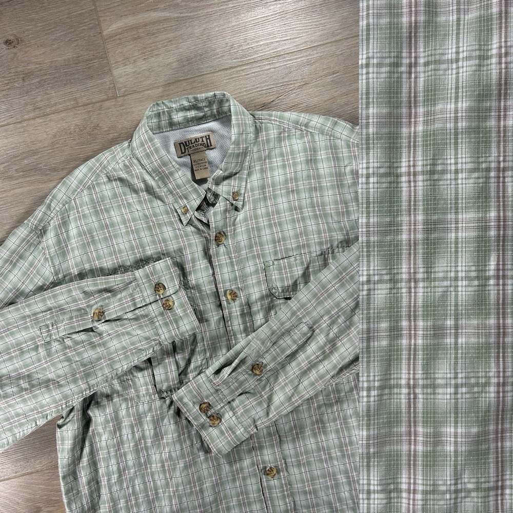 Duluth Trading‎ Mens XL Tall Green Check Button Up Shirt Roll Tab Sleeves Hike